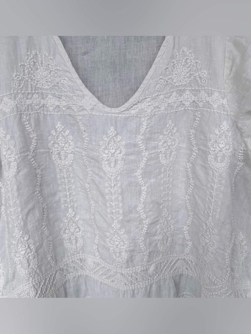 Karyn Seo Embroidered Cream Linen V-Neck Boho Tunic Top Handkerchief Hem - Picture 5 of 8